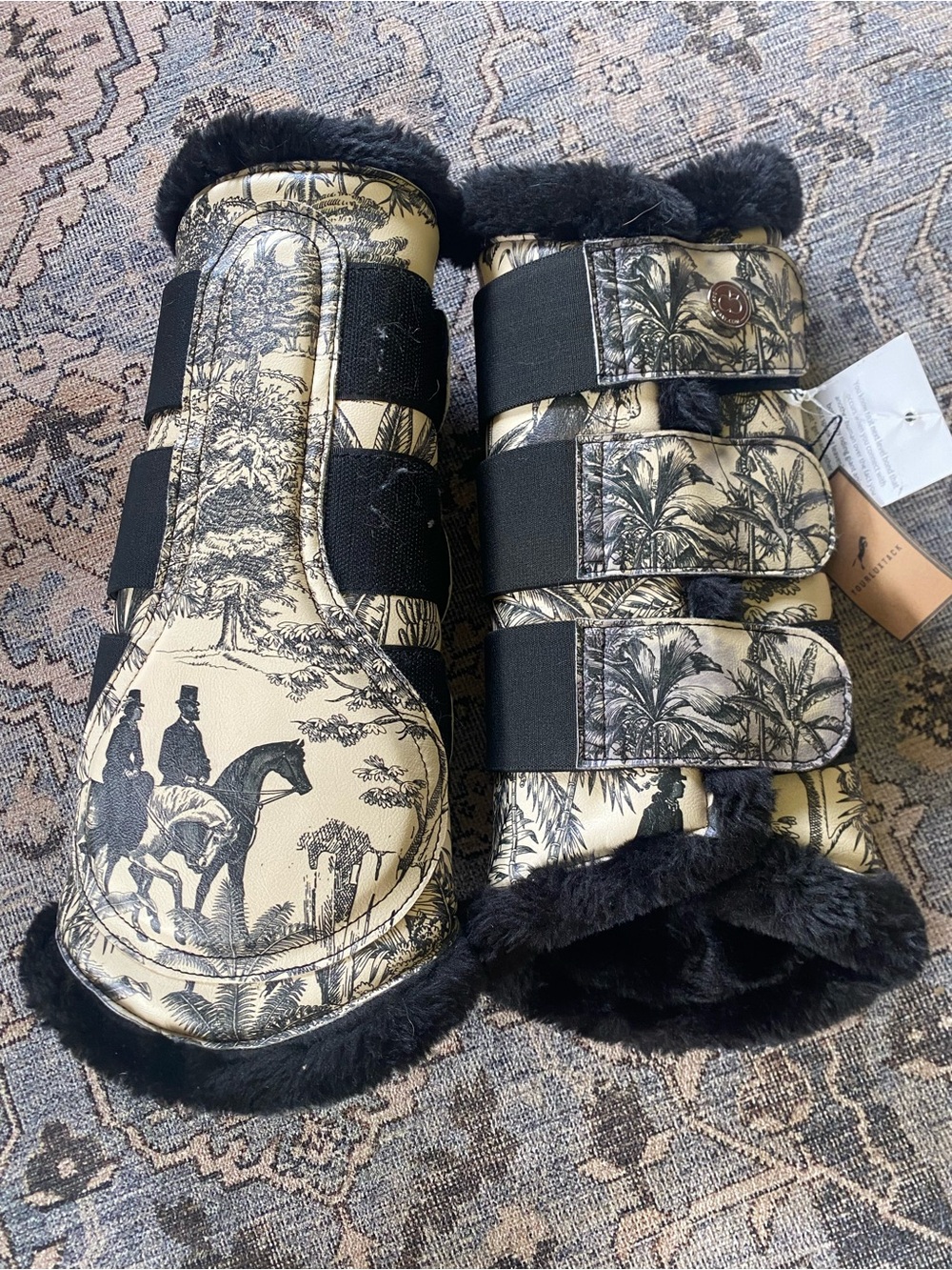 DappleBay Black & Cream Horse Print Padded Bell Boots for Horses - Picture 2 of 4